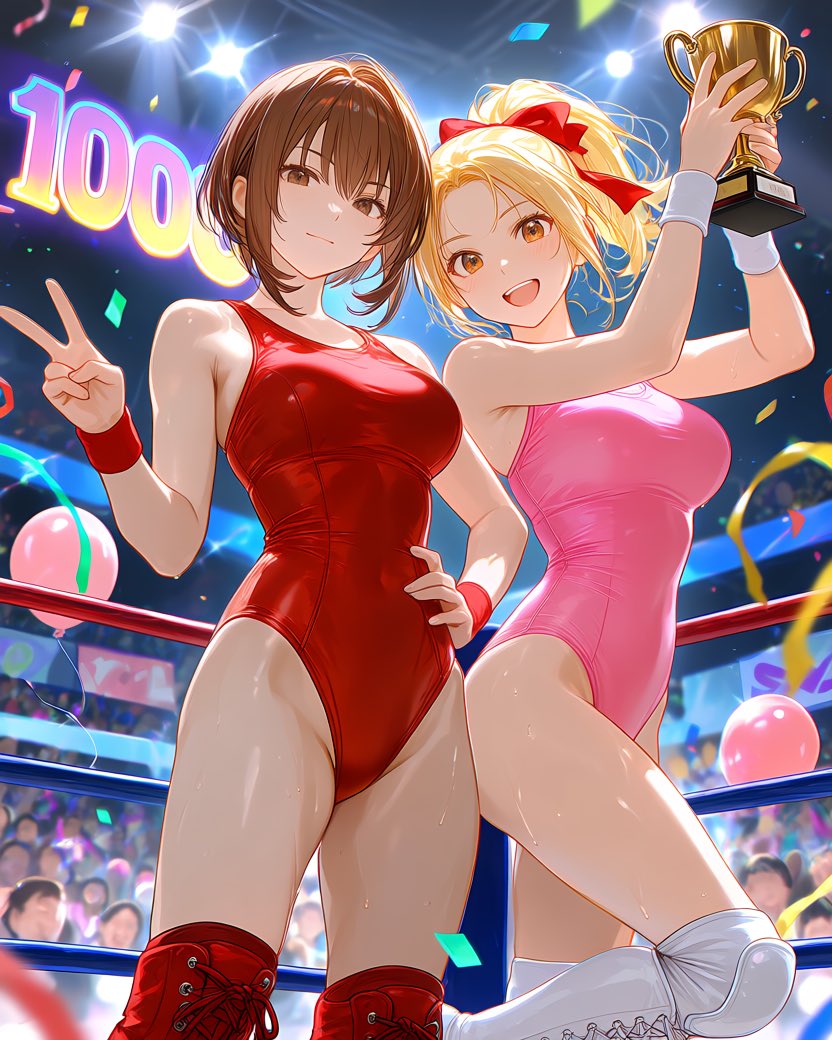 X本格運用から1ヶ月ちょっとですが、
なんと❗️1000フォロワー達成しました‼️

本当にありがとうございます！🎉

こんなニッチな趣味のアカウントなのに😅
ここまで続けてこられたのは、
見てくださる皆さんのおかげです。

スカエミをはじめ
女子レスラーの女の子たちの物語も