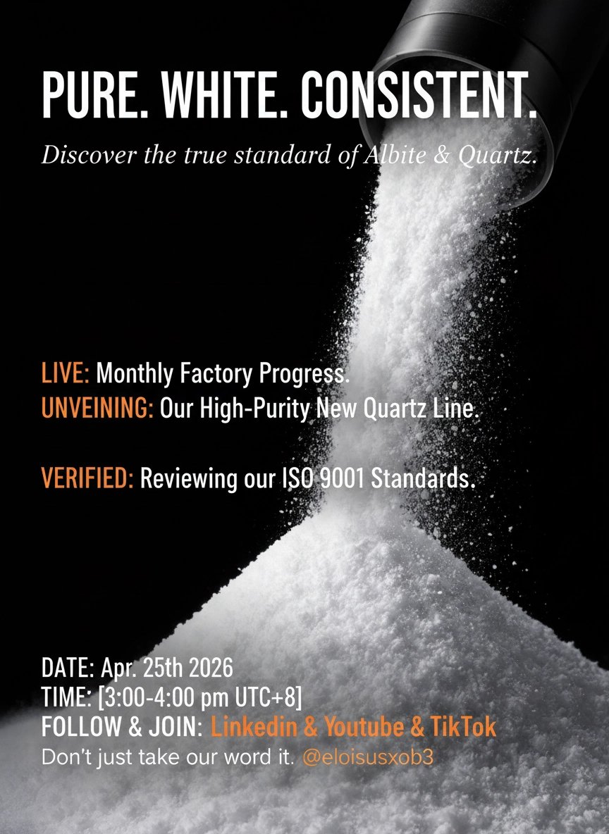 FongEloisa's tweet image. Factory Direct Live Tour! 7 Days to go! 🚀
From the latest Albite production progress to a sneak peek of our New Quartz line, we’re showing you everything. No filters, just raw industrial power.
#factorylive #industrial #minerals #albite #quartzpowder #supplychain #manufacturing