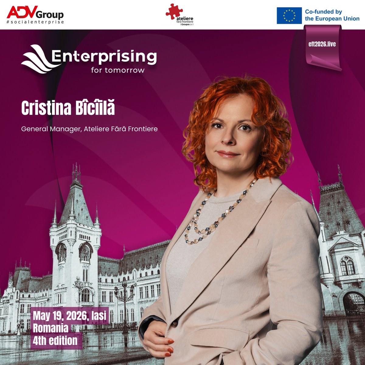 AdvRomania's tweet photo. Cristina Bîcîilă joins #EFT2026.

General Director of @AFF_Romania, Vice President of @ensienetwork, and founder of Romania’s first B Corp community, she is one of the voices shaping #socialeconomy in Europe.

Join us in Iasi (&amp; online)
https://t.co/cApNIlUfrN https://t.co/tHT17smRmO