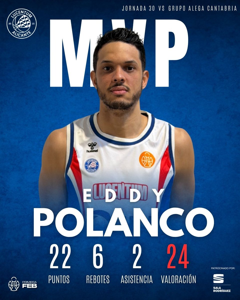 FundLucentum's tweet image. 🔥 MVP DEL PARTIDO🔥

Eddy Polanco se lleva el protagonismo en la Jornada 30 tras una actuación decisiva ante Grupo Alega Cantabria 💪🏀

🎯 22 PTS
📊 6 REB
🅰️ 2 AST
💥 24 VAL

Eficiencia, impacto y liderazgo.
Noche grande. Jugador clave. MVP merecido.

#MVP #SomosLucentum