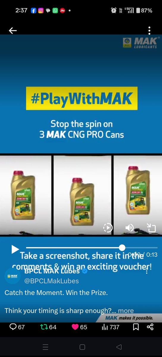 Subhank69937011's tweet photo. @BPCLMakLubes I did it @BPCLMakLubes
#PlayWithMak
#MAKContest #MAKLubricants #ScreenshotToWin #MAKMakesItPossible
Join friends
@mysterioussu
@SaraswatiPaul10
@pintuprasad9
@DreamsBuffering
@surajsahu032
@TrAnujKRathour
@SujithDifferent
@Gayathrimohan_
@MalatiPaul1
@iam_baluu https://t.co/PaeBu8RSVE