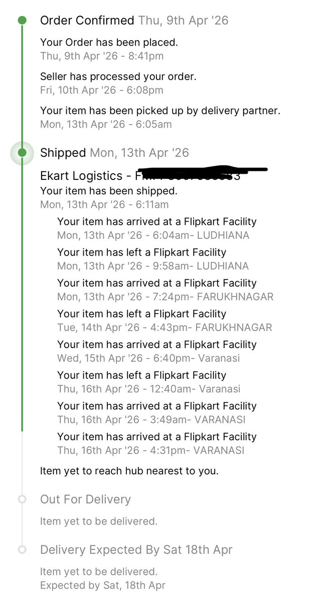 realHarshitx's tweet photo. This is why I hate @Flipkart sometime.

Between this timeline, I got multiple order delivered from @amazonIN 
I even got a product replacement from Amazon between this timeframe but Flipkart couldn’t deliver a parcel in 9 days. Damn!!! https://t.co/4q5fRSq2Hq