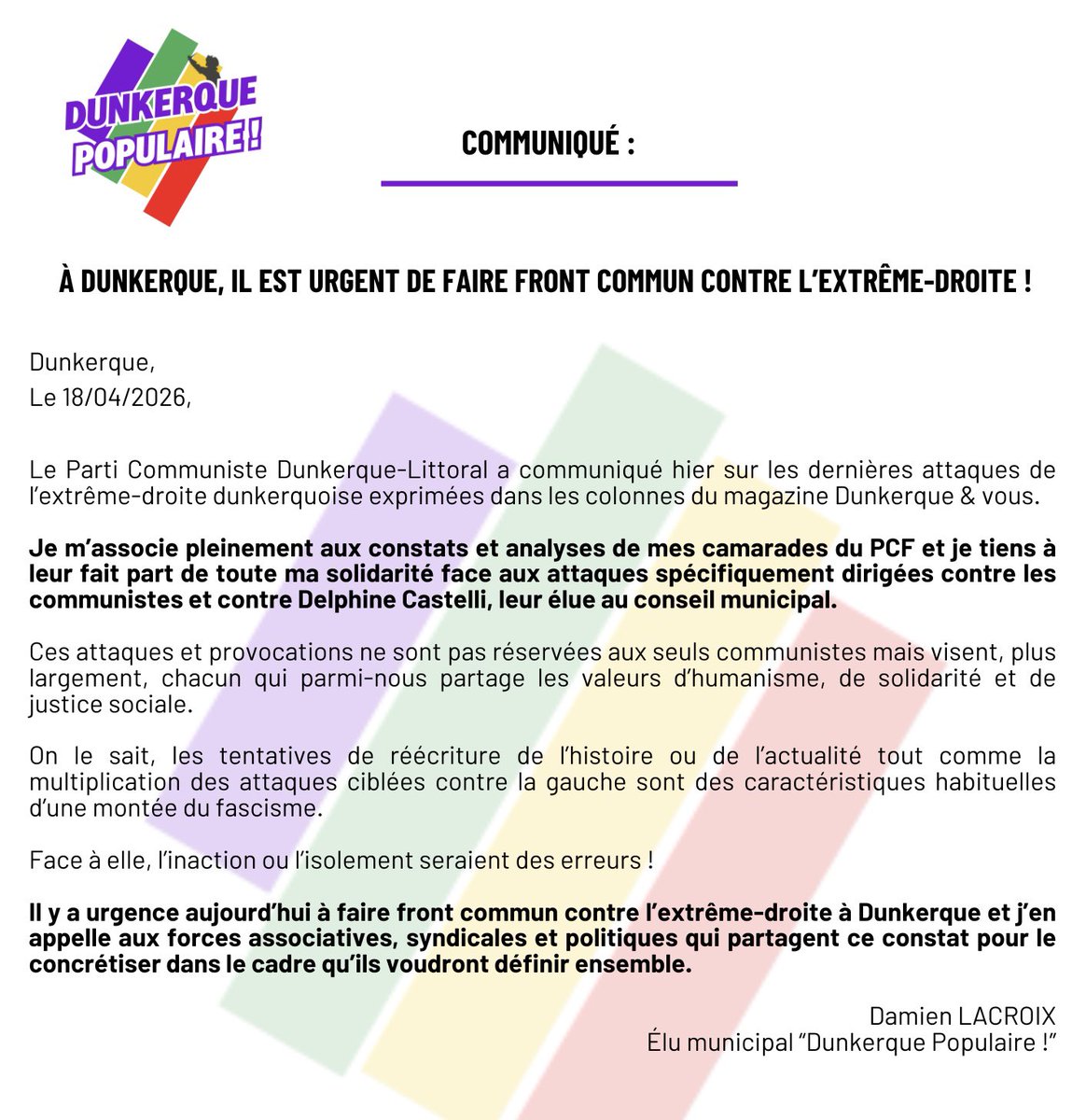 dlacroix5913's tweet photo. Face aux attaques de l’extrême-droite, il est urgent de faire front commun à #dunkerque ! https://t.co/p9bh641TnK