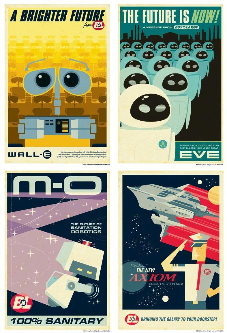 SciFiArchives's tweet photo. Pixar's Wall-E retrofuturistic style posters https://t.co/05ymPvVR0e