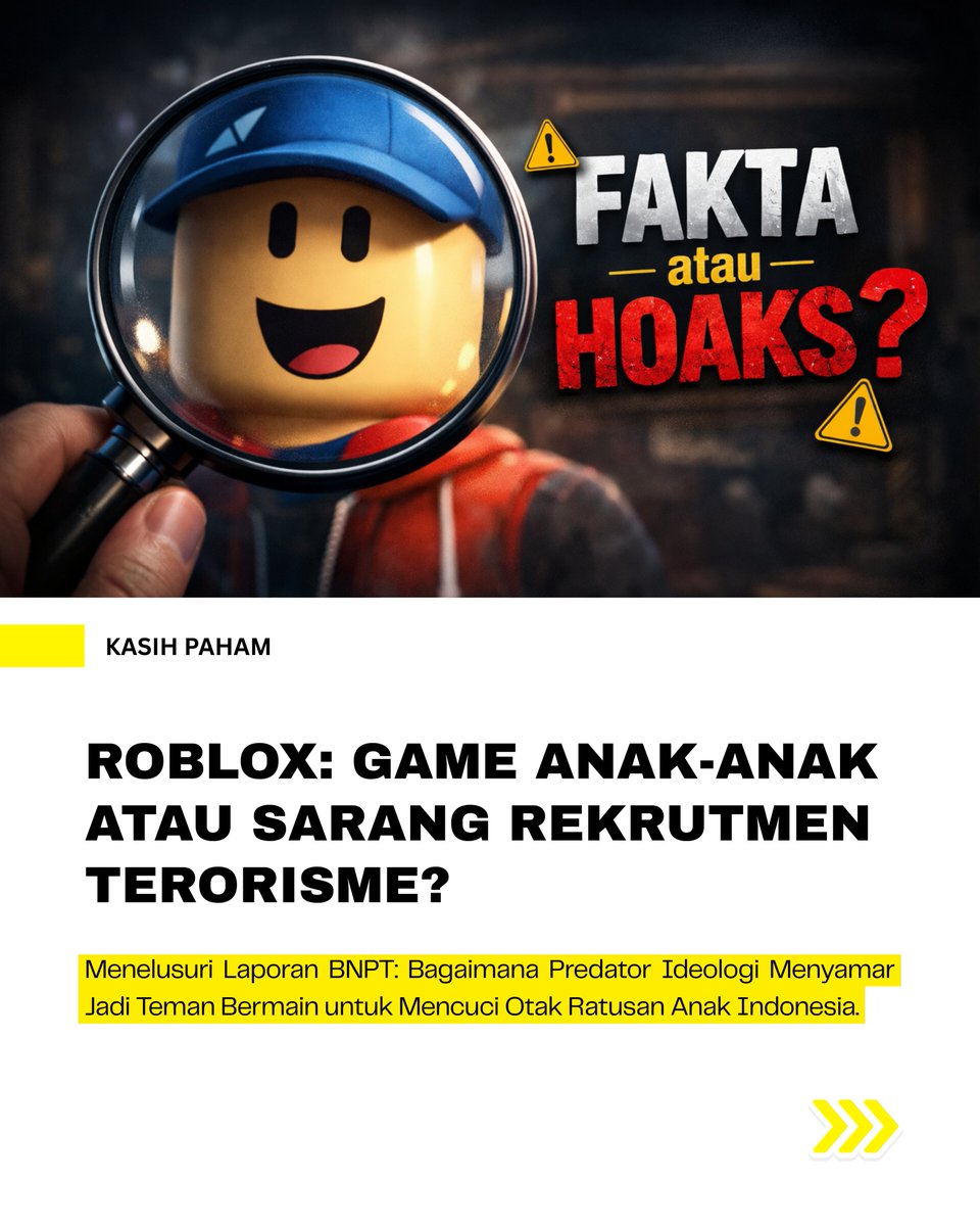 LewatDepan_'s tweet photo. Bahaya radikalisme kini mengetuk pintu rumah lewat layar gadget! Laporan BNPT yang mengungkap ratusan anak teradikalisasi lewat game online seperti Roblox adalah bukti nyata bahwa ruang digital kita sedang tidak baik-baik saja. https://t.co/uj29jMBcdv