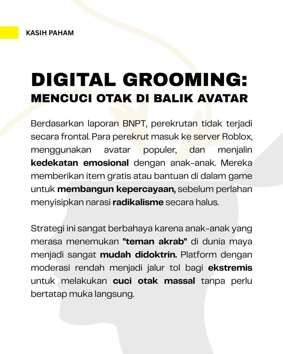 LewatDepan_'s tweet photo. Bahaya radikalisme kini mengetuk pintu rumah lewat layar gadget! Laporan BNPT yang mengungkap ratusan anak teradikalisasi lewat game online seperti Roblox adalah bukti nyata bahwa ruang digital kita sedang tidak baik-baik saja. https://t.co/uj29jMBcdv