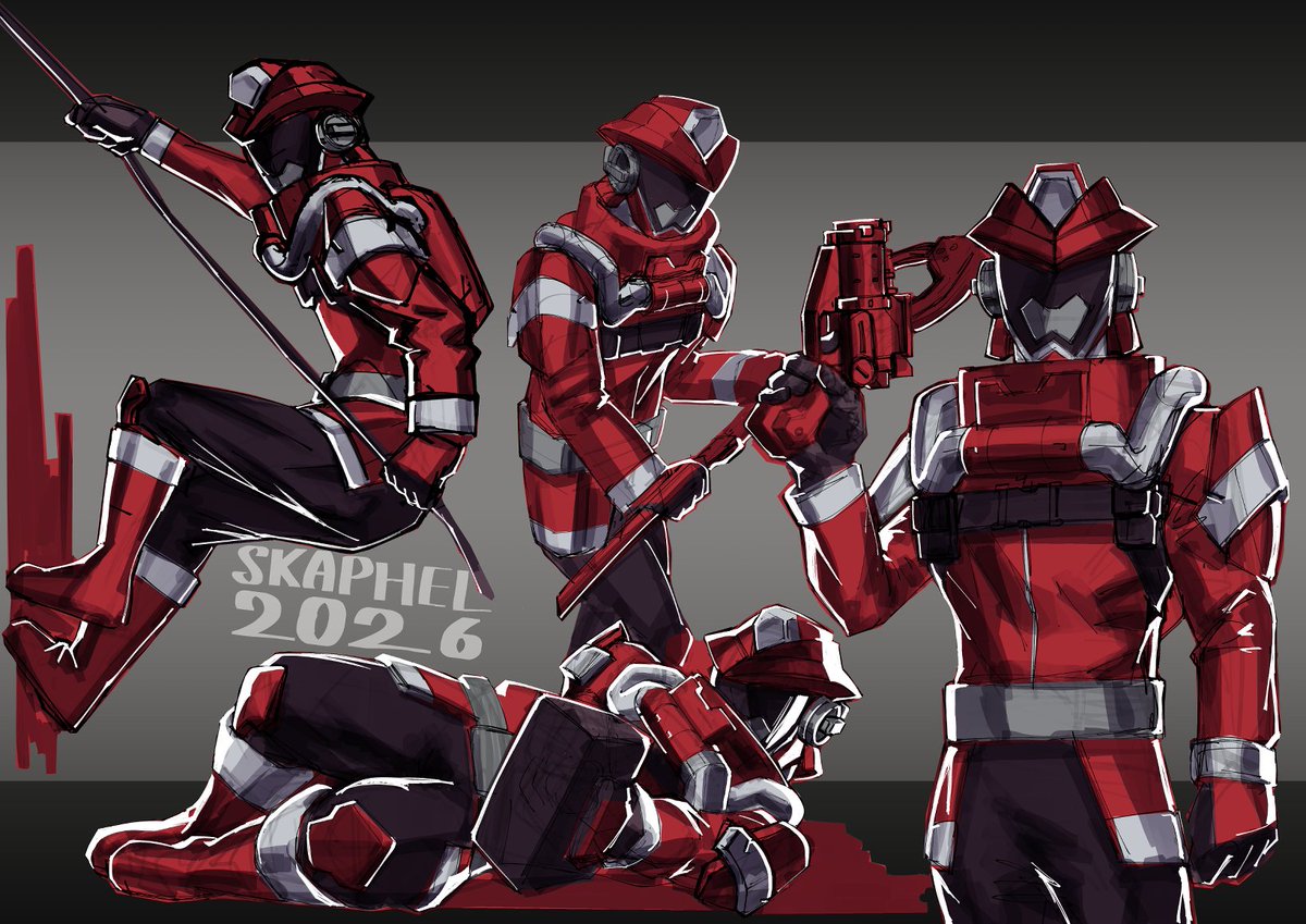Skaphel's tweet photo. I did promise some OC Sentai stuff, so here's some Kyuzyuger sketches. I'm trying to design some of the stuff missing for fancier things so for now it's just KyuzyuRed, in suit and an attempt at his civilian look. https://t.co/AiwyYBQ5Li
