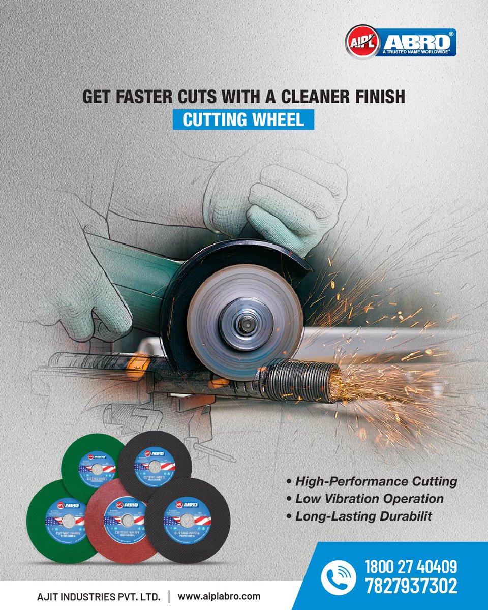 AjitIndustriesO's tweet photo. Faster cuts. Cleaner finish. Reliable performance.

AIPL ABRO Cutting Wheels are engineered for precision cutting with low vibration and long-lasting durability—helping professionals work faster and finish better.

📞7827937302
🌐https://t.co/aXWhJvC0cx

#AIPLABRO #CuttingWheel https://t.co/wD12EWhVy1