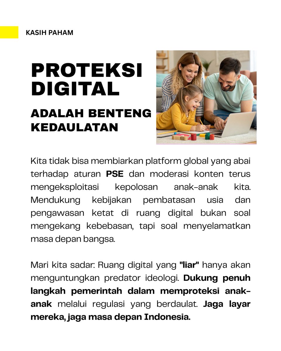 LewatDepan_'s tweet photo. Jangan biarkan anak-anak kita menjadi korban cuci otak oleh platform global yang abai pada moderasi dan keamanan nasional.

Langkah tegas melalui pembatasan akses digital bagi anak (PP TUNAS) adalah kebijakan yang sangat tepat dan visioner. https://t.co/qCDihzKly5