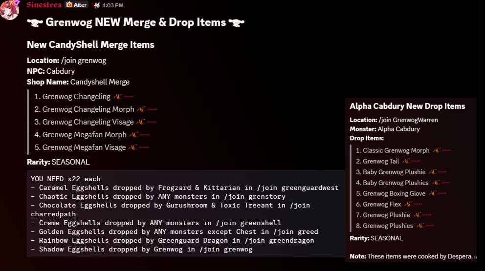 Datenshi6699's tweet photo. 🐰 Grenwog NEW Merge &amp; Drop Items 🐰

/join grenwog &amp; talk to Cabdury to access Candyshell Merge.
Grenwog Changeling armor + 4 helms have been added there.

Then bonk Alpha Cabdury in /join GrenwogWarren to get the rest of items as drop.

* SEASONAL AC TAGGED
* Cooked by Despera https://t.co/HnConn8XPd