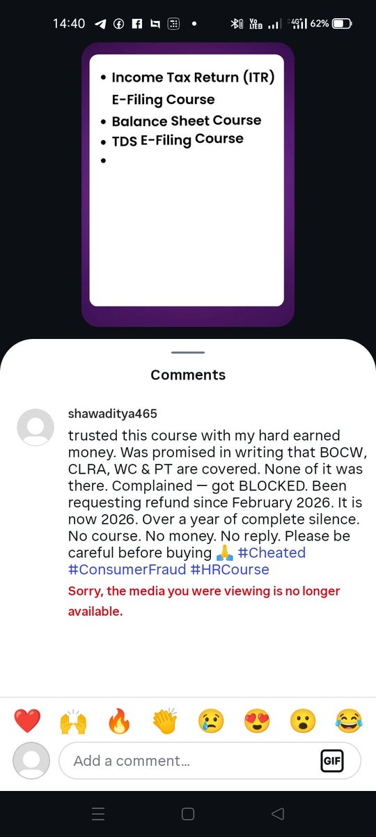ADITYAShaw50872's tweet photo. They deleted their own Instagram post after I commented exposing their fraud.Screenshot attached. Bought their HR course after written WhatsApppromiseBOCW,CLRA,WC &amp; PT. Got NONE of it.Complained BLOCKED. Refund emails since ignored till2026. Now deleting posts too. @TyariexamkiC https://t.co/yx39dytSvU