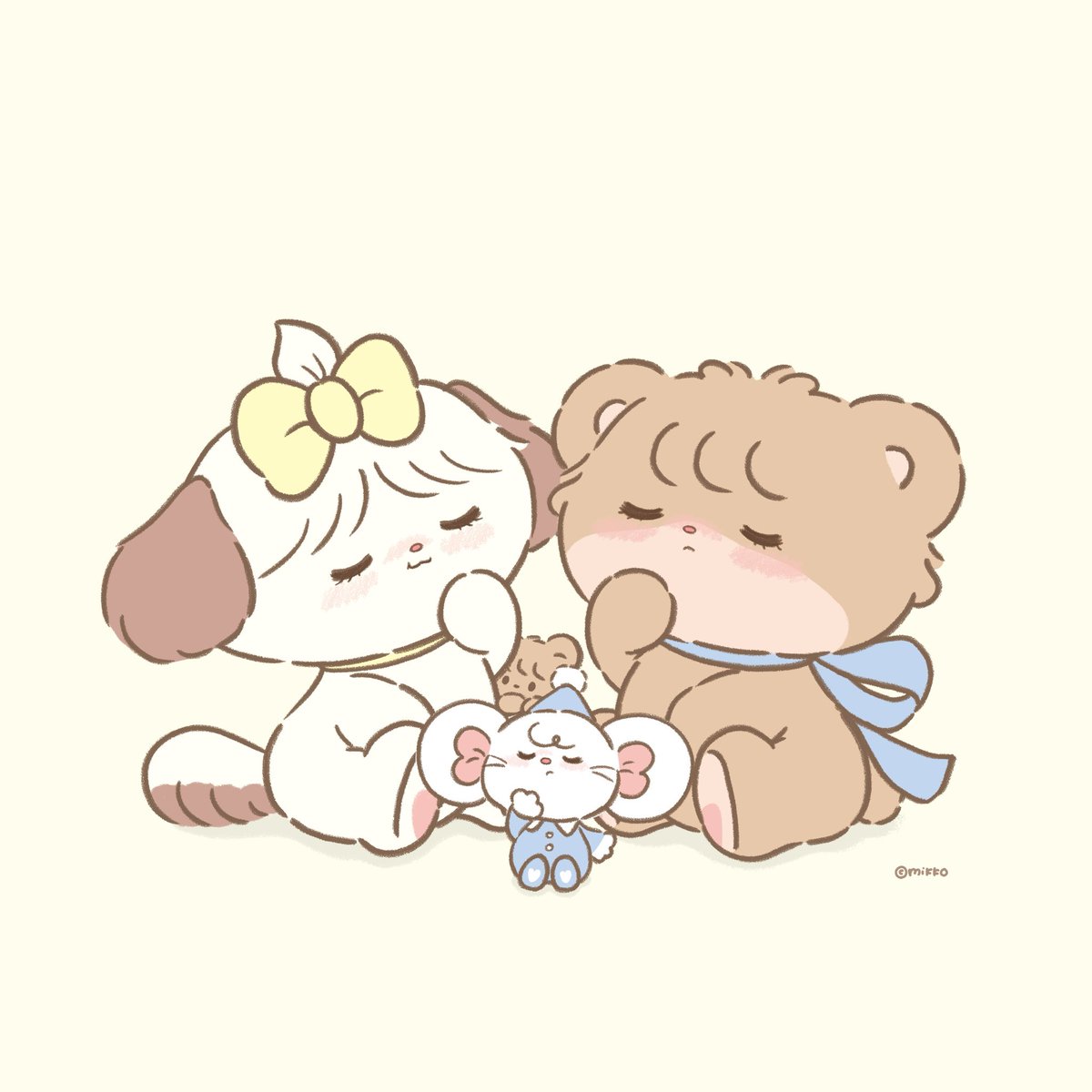 🐻ラテ｛どうしようかなぁ💭✨
🐶スフレ｛う〜ん💭🍓
🐭チュー｛💭💕