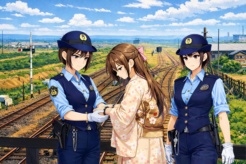 ayanee_worm's tweet photo. 逃走する女性容疑者を追う女性警察官
東海岸線落合駅北側の櫻橋にて威嚇発砲し、逃走を阻止。
「10：59　治安維持法違反容疑で逮捕する！」
ちょうど10：57発の元泊行159貨物列車が発車して行った
手錠を掛けられ、警察署に連行される容疑者
留置場では、虱対策のため長い髪は強制的に切られ収監される https://t.co/XRtNlkydOu