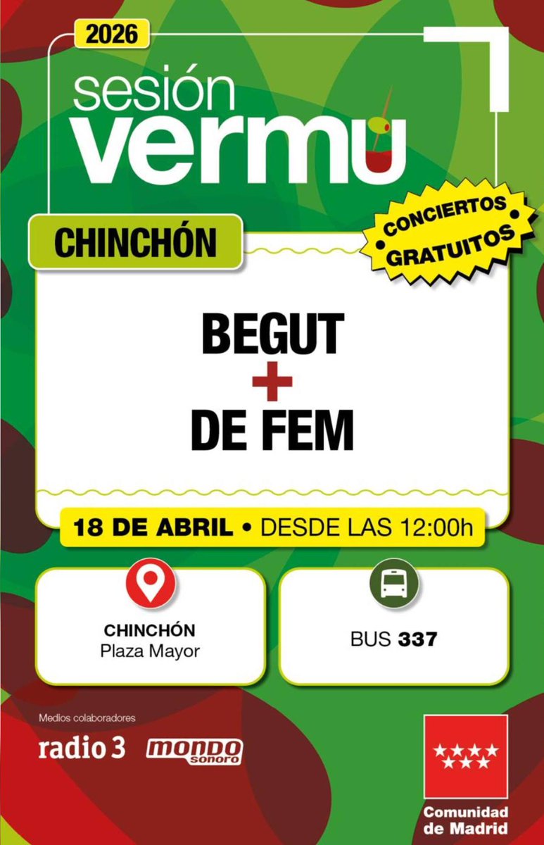 LaGraja's tweet photo. SESIÓN VERMÚ en CHINCHÓN 🎵
Hoy sábado 18 y mañana domingo 19 de abril, tienes una cita a partir de las 12:00 horas en la Plaza Mayor de #Chinchón, para disfrutar de conciertos gratuitos en el mejor escenario posible 🎸

¡¡Os esperamos!! 😃 https://t.co/5tBBTXCsld