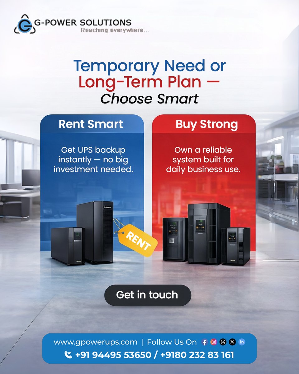 gpowerups's tweet photo. With G Power, get solutions tailored to your power needs.

Enquire now!
📞 +91 9449553650 
🌍 https://t.co/LgQMAloxeq

#gpower #upssales #upsrent #bangalorebusiness #powerbackup #businessoperations https://t.co/LXMtcQJ3vQ