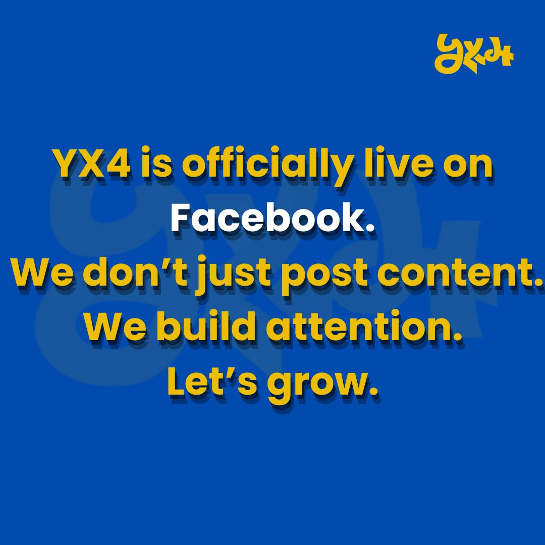 yx4official's tweet image. YX4 is officially live on Facebook.
We don’t just post content. We build attention.
Let’s grow.
Follow @yx4official 
#yx4 #contentstrategy #digitalmarketing #socialmediamarketing #marketingagency #brandbuilding #contentcreator #reelsmarketing #businessgrowth