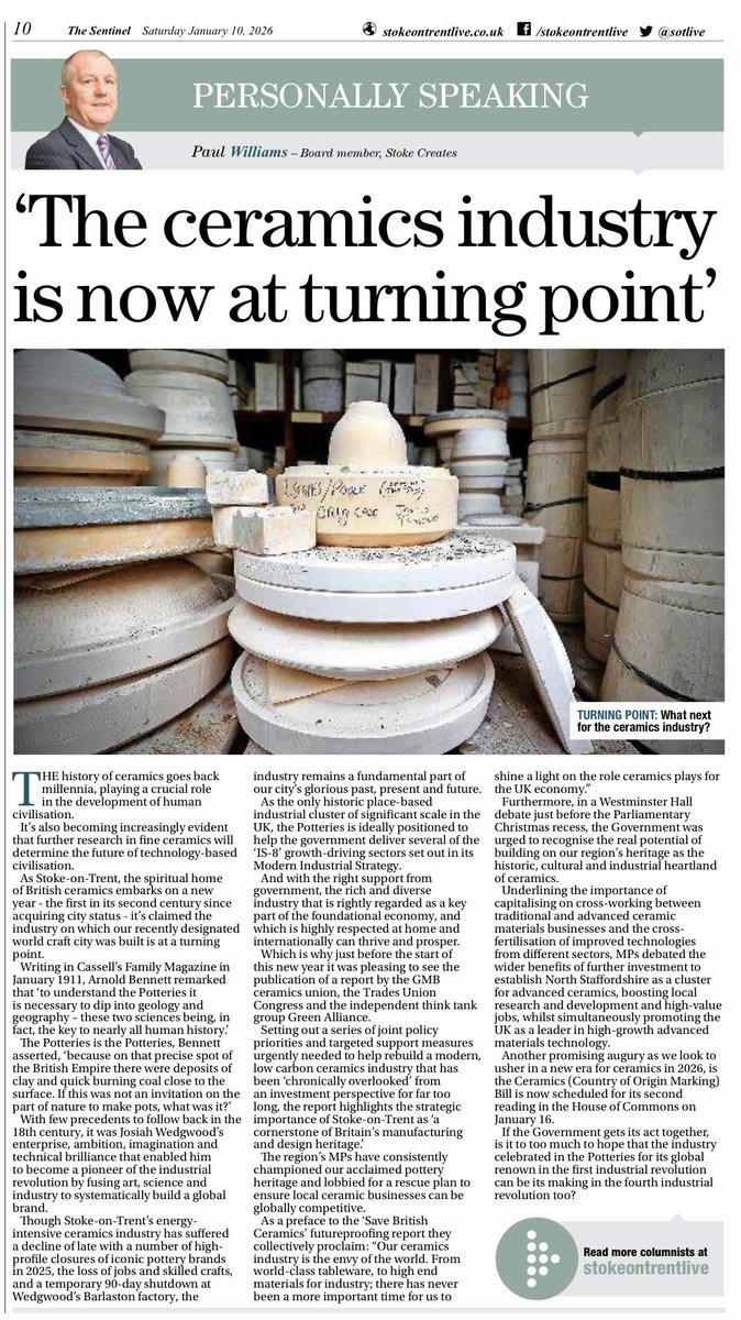 PaulWilliams207's tweet photo. Reposting this column as the government once again ignores the British ceramics industry where it matters most, in energy support schemes.

The ceramics sector is fundamental to our national and local economy and heritage, and it requires sustained government commitment. 

As the only historic place-based industrial cluster of significant scale in the country, the Potteries is ideally positioned to help the government deliver several of the ‘IS-8’ growth-driving sectors set out in the Modern Industrial Strategy. 

It’s time to extend the industry supercharger scheme to cover the ceramics sector now.