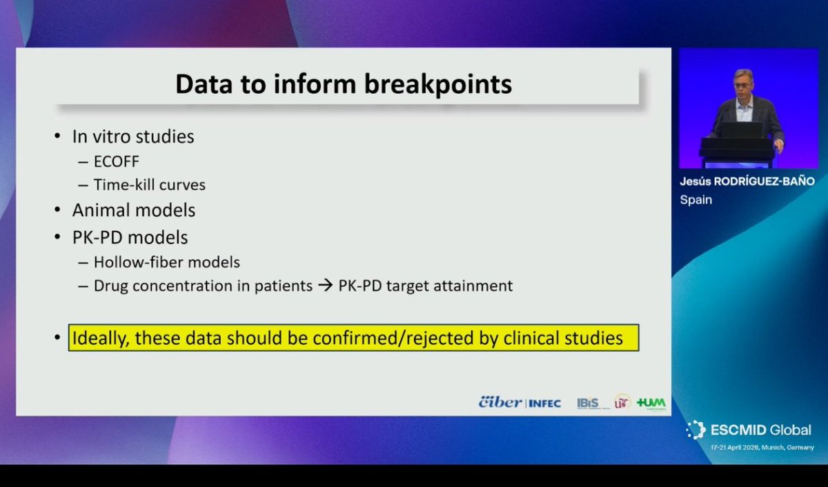 ABsteward's tweet photo. ▶️EUCAST user workshop
🌟Excellent talk by @jesusrbano
The role of clinical data in setting breakpoints
#ESCMIDGlobal2026 https://t.co/5yxyWXs42R
