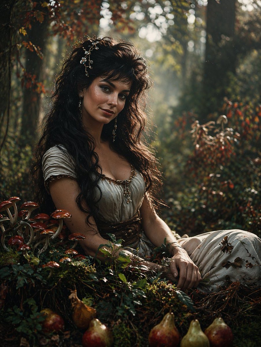 Project_VLA's tweet image. Saturday #PromptShare 🎨🖌️⌨️

Everybody invited, apply your own style and show us your version(s) 😉🤩

"A portrait of a beautiful young woman in her mid-20s sitting in a lush forest clearing, surrounded by moss, red mushrooms, fallen leaves, and scattered ripe pears in the