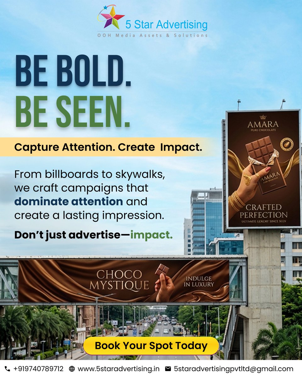 5_advertising's tweet image. Be bold. Be seen.
High-impact billboards &amp;amp; skywalk ads that get you noticed.
🌐 5staradvertising.in
#OOHAdvertising #BrandVisibility #Marketing