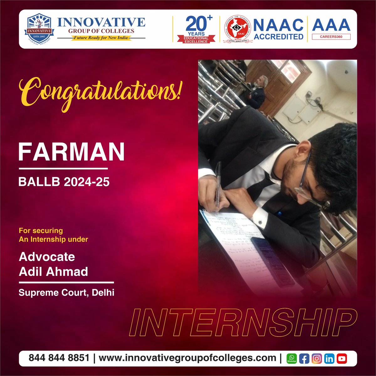 innovativeinst5's tweet image. We are incredibly proud to announce that Farman (BA LLB 2024-25) has secured a prestigious internship under Advocate Adil Ahmad at Supreme Court, Delhi.

innovativegroupofcolleges.com
Call: 9289554470

#llb #InnovativeColleges #bpharm #Law #BAllb