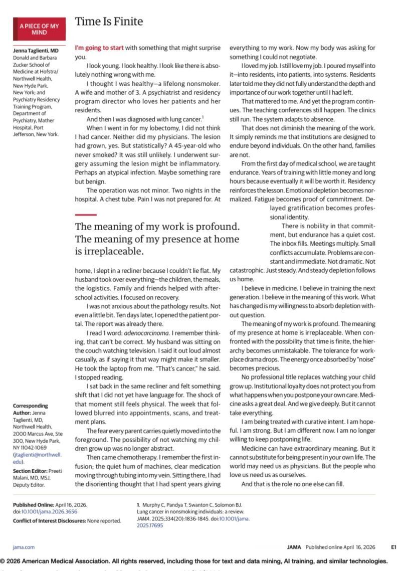 "No professional title replaces the experience of watching your child grow up. I am no longer willing to keep postponing life"

Time is finite, by Jenna Taglienti 
jamanetwork.com/journals/jama/…