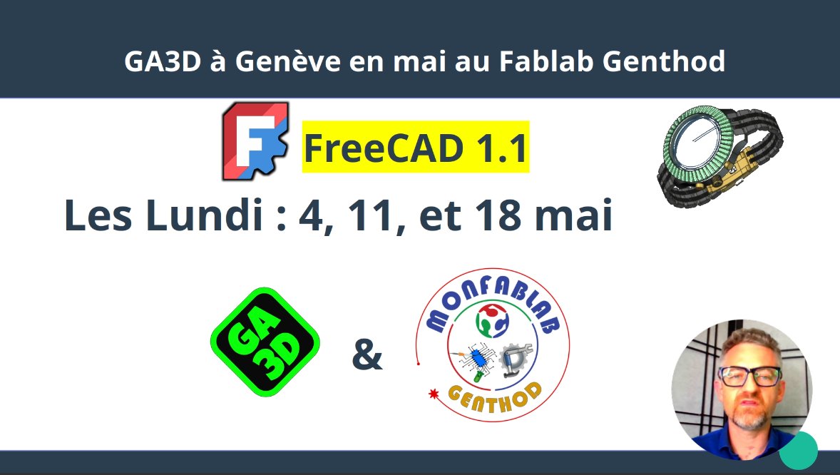 GA3D_tech's tweet photo. 📢 Formation #FreeCAD en présentiel à Genève ! 🇨🇭

Retrouvez-moi au Fablab Genthod pour 3 soirées intensives en mai (4, 11 et 18/05). 

Inscrivez-vous vite : https://t.co/WlvHns2XCw

#Impression3D #CAO #OpenSource #Geneve #Maker https://t.co/9JlfqJShiT