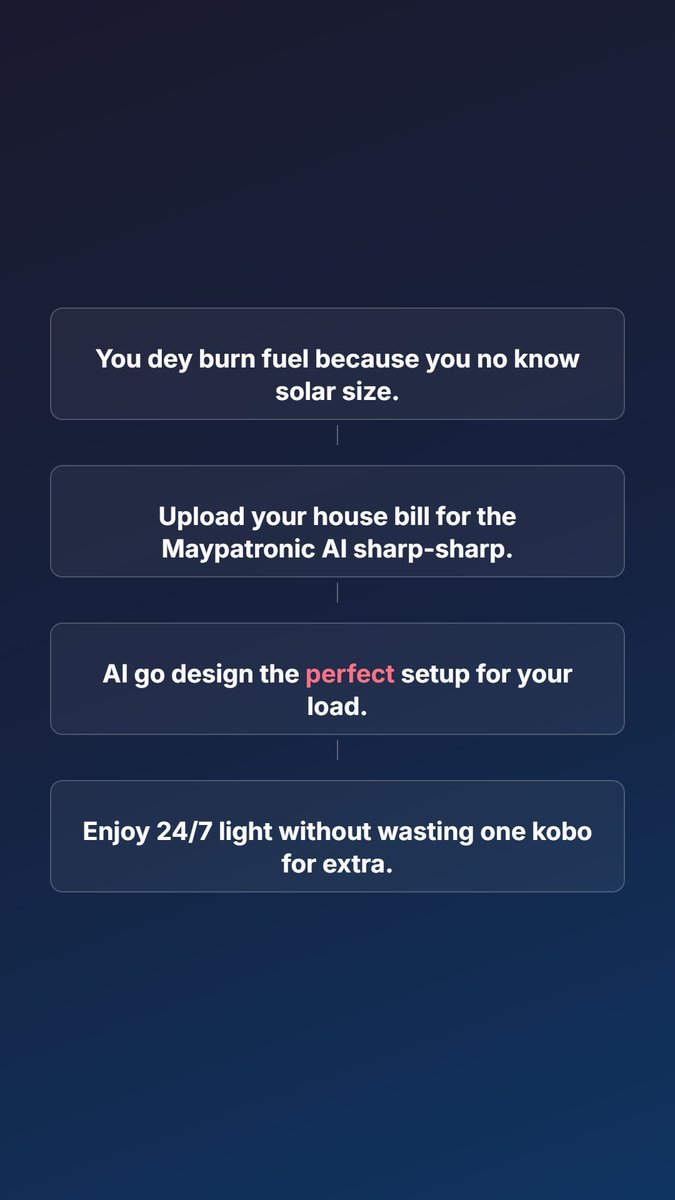 maypatronic's tweet photo. How To Size Your Solar System In 2 Minutes

Stop guessing how many panels you need while NEPA keeps showing you pepper. This AI tool go calculate everything for you in seconds. 

Learn more: https://t.co/PZXcuuBykO 

#solar #tech #nigeria #ai #electricity https://t.co/i2btzxO2LM