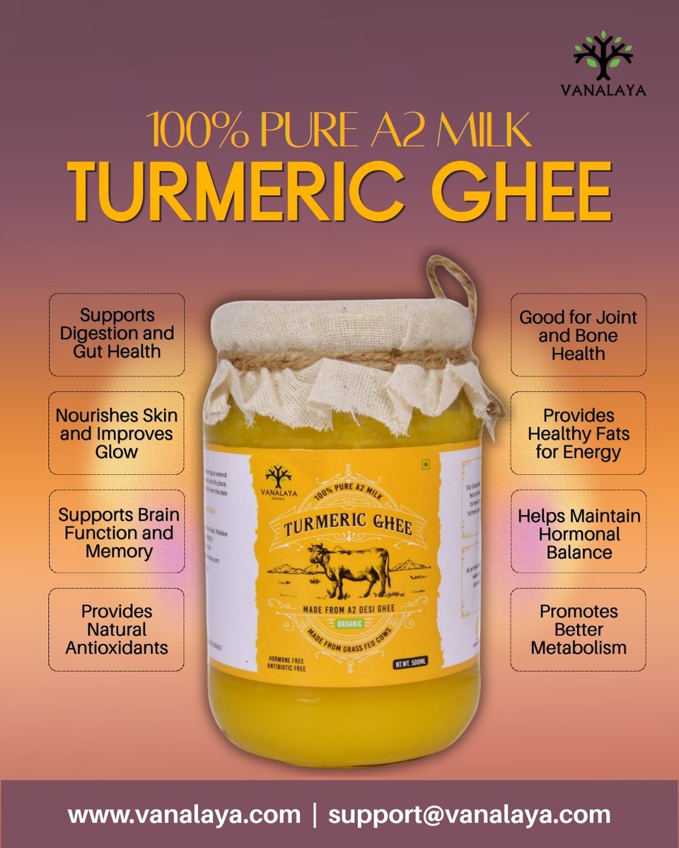 VanalayaShop's tweet image. Experience A2 #TurmericGhee — tradition + nutrition in one jar.

✔️ Made from A2 milk
✔️ Infused with turmeric
✔️ Rich, aromatic &amp;amp; wholesome

👉 Order Now: vanalaya.com

#A2Ghee #HealthyFats #GutHealth #Vanalaya