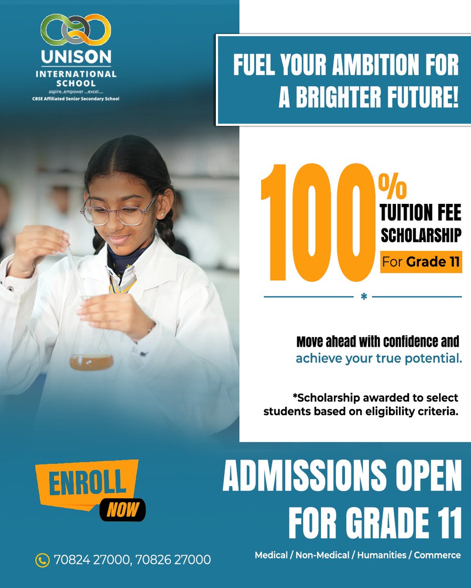UnisonIntSchool's tweet image. ✨ Fuel your ambition at Unison International School

Admissions open for Grade 11—Medical, Non-Medical, Commerce &amp;amp; Humanities. Learn, grow, and achieve with confidence 🚀

#UnisonInternationalSchool #AdmissionsOpen #CBSE #Pinjore