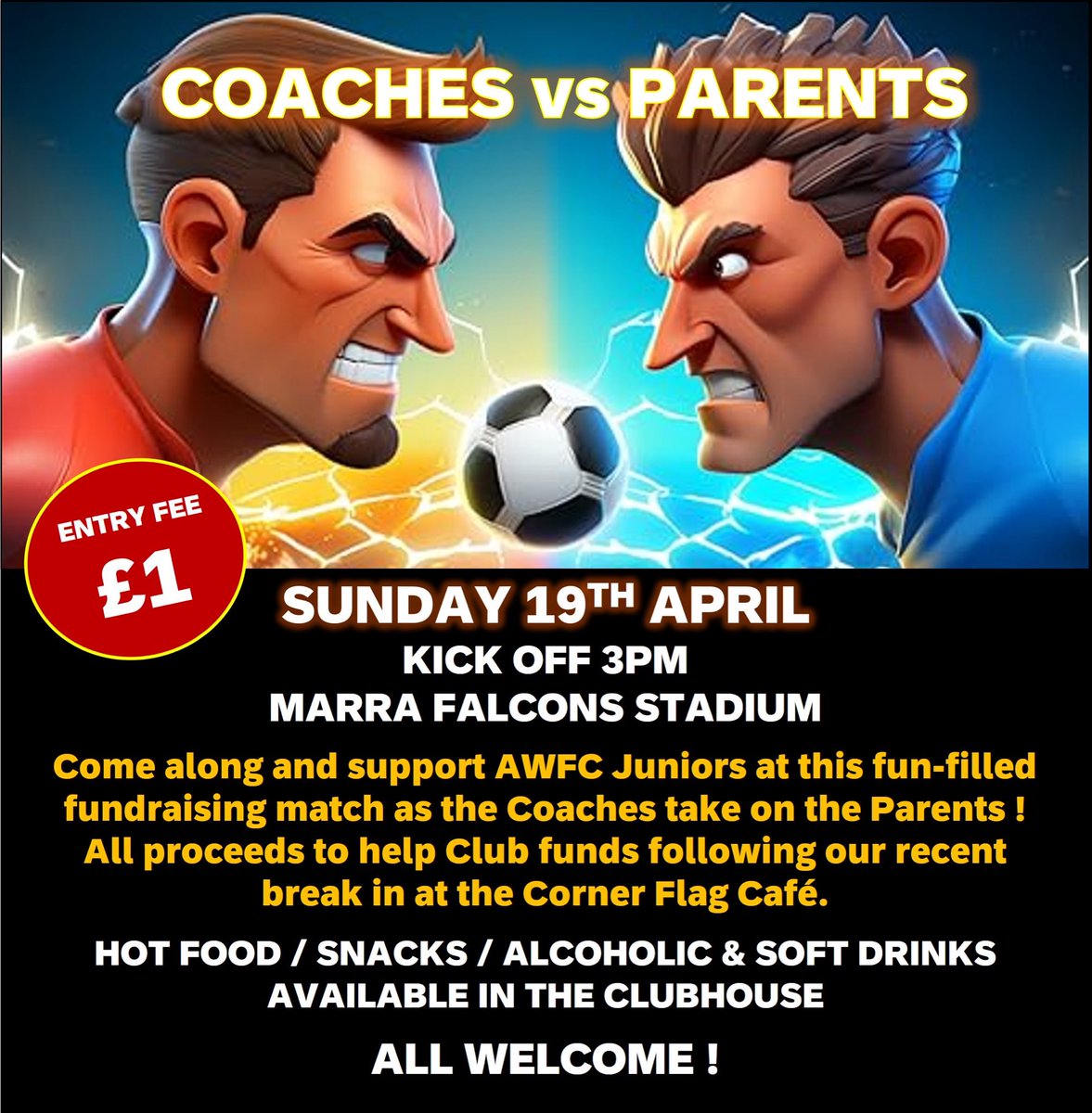 WelfareJfc's tweet photo. JUST ONE DAY TO GO ! 

Get yourself down to the Marra Falcons Stadium for our COACHES vs PARENTS fundraising match. 

Bar will be open before, during and after the match and the sun will be shining. We can’t promise great football but it will be great fun. 

1/2 https://t.co/FZvlusUuZI