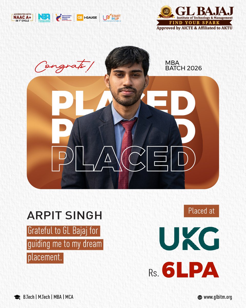 Celebrating success and shaping futures! 🎓✨

GL Bajaj Institute of Technology and Management proudly congratulates its MBA Batch 2026 students — Anushka Banerjee, Arpit Singh, Ananya Singh, Vanshika Johri, and Shivani Shivhare — on securing placements at UKG with an impressive