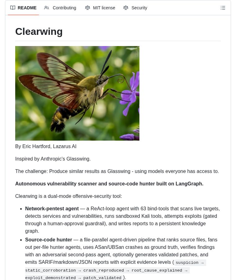 chenzeling4's tweet image. Autonomous vulnerability scanner powered by LangGraph. 🛡️

Clearwing: dual-mode offensive security. Network pentest agent with 63 tools + source-code hunter with adversarial verification. Generates validated patches and SARIF reports.

⭐ 562
#Security #OpenSource #Python
