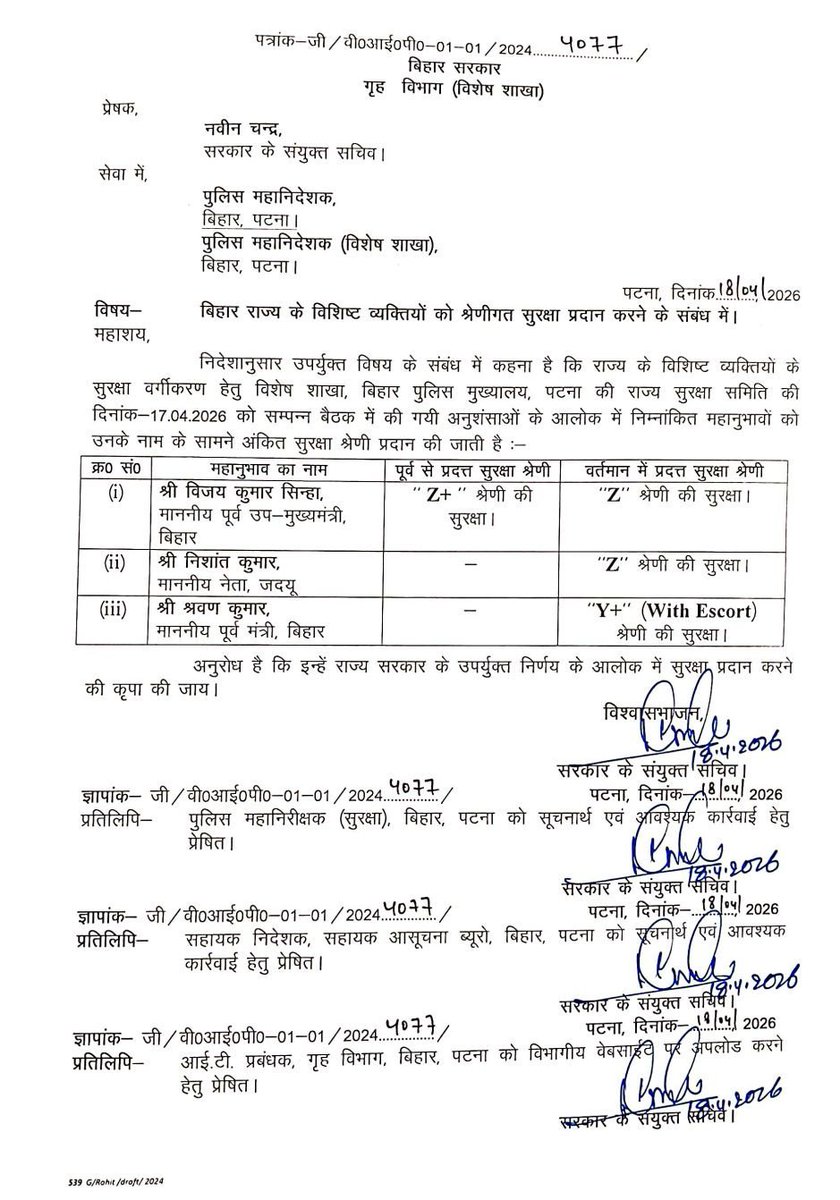 bstvlive's tweet image. दिल्ली

➡बिहार के उपमुख्यमंत्री  की सुरक्षा घटी
➡सुरक्षा श्रेणी को Z+ से घटाकर Z श्रेणी की
➡विजय कुमार सिन्हा की सुरक्षा Z श्रेणी की
➡श्रवण कुमार को एस्कॉर्ट के साथ Y+ श्रेणी सुरक्षा
➡निशांत कुमार को Z श्रेणी की सुरक्षा दी गई

#Delhi #Security #India @VijayKrSinhaBih