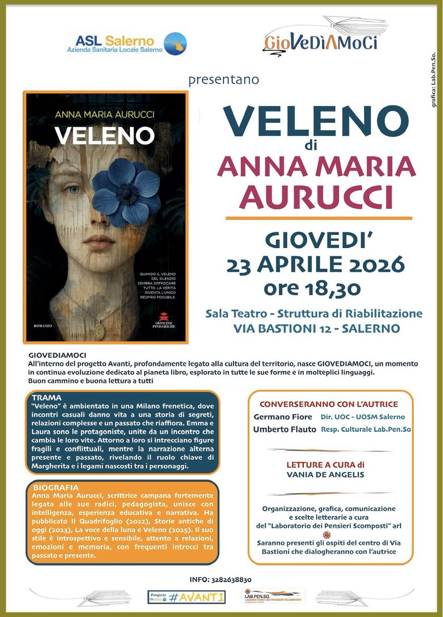 sunballo's tweet photo. 📅 Giovedì 23/04 | ore 18:30
📍 Via Bastioni 12, #Salerno
Presentazione di "Veleno", il nuovo romanzo di Anna Maria Aurucci. Un racconto intenso tra segreti e rinascite. 📖✨
Insieme all'autrice, G. Fiore e U. Flauto. Letture di V. De Angelis.
#Libri #Salerno #Veleno #Cultura 📚 https://t.co/PUssRgqqG6