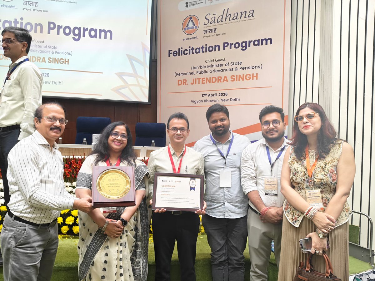 MinesMinIndia's tweet photo. Ministry of Mines Secures Top Rank in Mission Karmayogi Sadhana Saptah

The Ministry of Mines, along with its field organisations, has secured 1st rank in the category of Best Performing Ministries (10,000–50,000 employees) during the concluding ceremony of Mission Karmayogi Sadhana Saptah, organised by CBC in collaboration with the Department of Personnel and Training (DoPT) from 2nd to 8th April 2026.

The award was received by Smt. Farida M. Naik, Joint Secretary, Ministry of Mines, along with Shri V. Srinivas Chowdary, Director, GSITI, Hyderabad.

This recognition reflects the collective commitment, dedication, and consistent efforts of all officers and officials of the Ministry and its field organisations. The achievement stands as a testament to the Ministry’s focus on capacity building, governance excellence, and continuous learning under Mission Karmayogi.