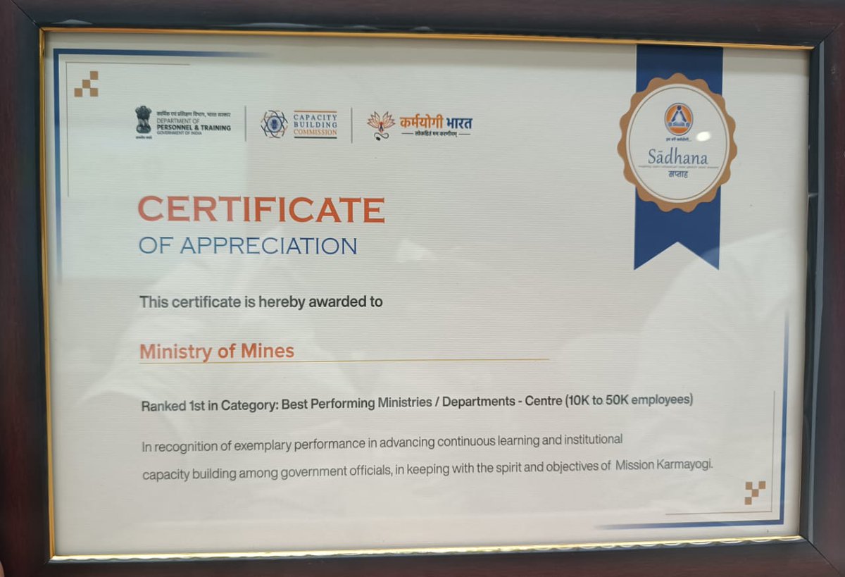 MinesMinIndia's tweet photo. Ministry of Mines Secures Top Rank in Mission Karmayogi Sadhana Saptah

The Ministry of Mines, along with its field organisations, has secured 1st rank in the category of Best Performing Ministries (10,000–50,000 employees) during the concluding ceremony of Mission Karmayogi Sadhana Saptah, organised by CBC in collaboration with the Department of Personnel and Training (DoPT) from 2nd to 8th April 2026.

The award was received by Smt. Farida M. Naik, Joint Secretary, Ministry of Mines, along with Shri V. Srinivas Chowdary, Director, GSITI, Hyderabad.

This recognition reflects the collective commitment, dedication, and consistent efforts of all officers and officials of the Ministry and its field organisations. The achievement stands as a testament to the Ministry’s focus on capacity building, governance excellence, and continuous learning under Mission Karmayogi.