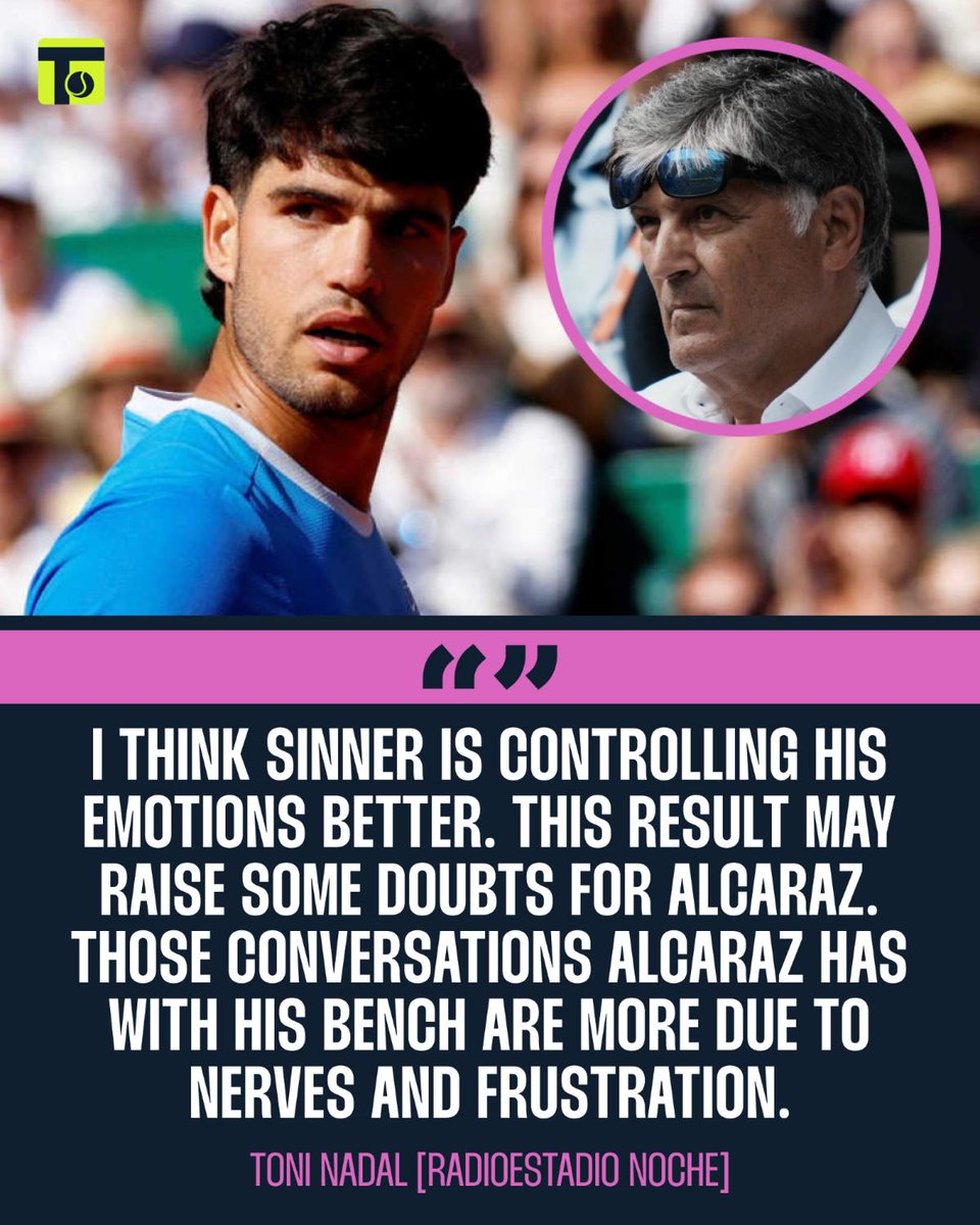 tennis365com's tweet image. 🗣️Toni Nadal has described Carlos Alcaraz's Monte Carlo Masters loss to Jannik Sinner as a "bad result".

🔗Link In First Comment

#ATP