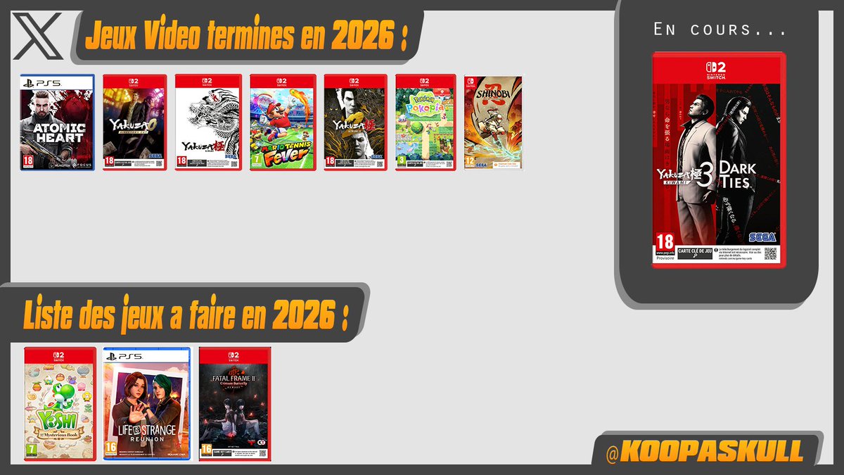 koopaskull's tweet image. 📌BILAN JEUX VIDEO 2026 #NintendoSwitch2 #PS5 #Xbox 

 🔴 #Pokopia terminé mais jamais fini 😉#ShinobiAoV terminé aussi, un régal de shuriken 🥷

Je me lance dans le dernier #YakuzaKiwami3, la narration toujours ultra soignée, grosse ambiance, même marqueur de gameplay 🐉🔥