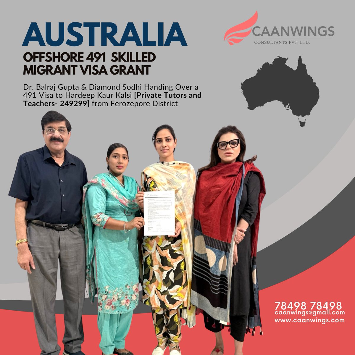 Caanwings_on_X's tweet image. Congratulations  on AUSTRALIA 491 Visa Grant  For Private Tutors and Teachers nec 
.   
.                   
TO CHECK Your Eligibility, share your CV at caanwings@gmail.com 𝗩𝗶𝘀𝗶𝘁: Caanwings Consultants Pvt. Ltd 𝐂𝐚𝐥𝐥: 78498-78498       
.                   
.      
#Visa