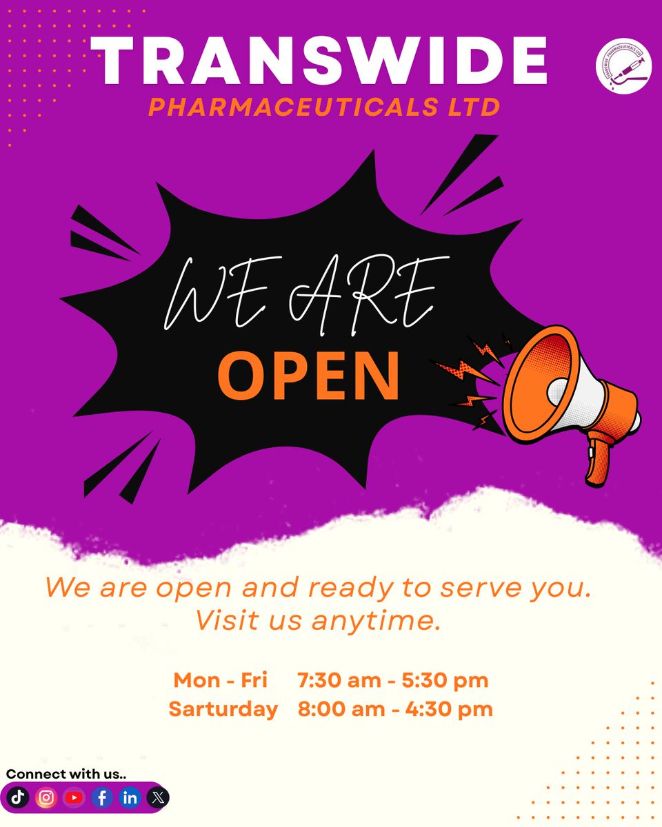 Transwidepharm's tweet photo. We are open! Karibu Transwide Pharmaceuticals Ltd for reliable &amp; quality healthcare products. https://t.co/36ER1XlVYZ