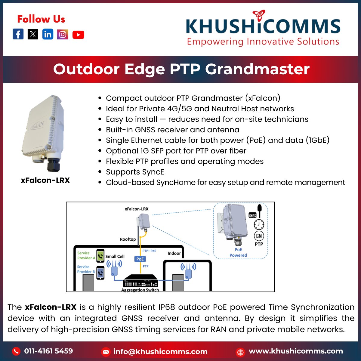 Khushicomms1's tweet photo. The xFalcon-LRX delivers GNSS precision timing + power over a single PoE Ethernet cable — IP68 rated, rooftop-ready, and built for RAN & private 5G networks.
#5G #GNSS #PTPGrandmaster #NetworkTiming #PrivateNetworks #TelecomTech #xFalconLRX https://t.co/Je2szbz8Va