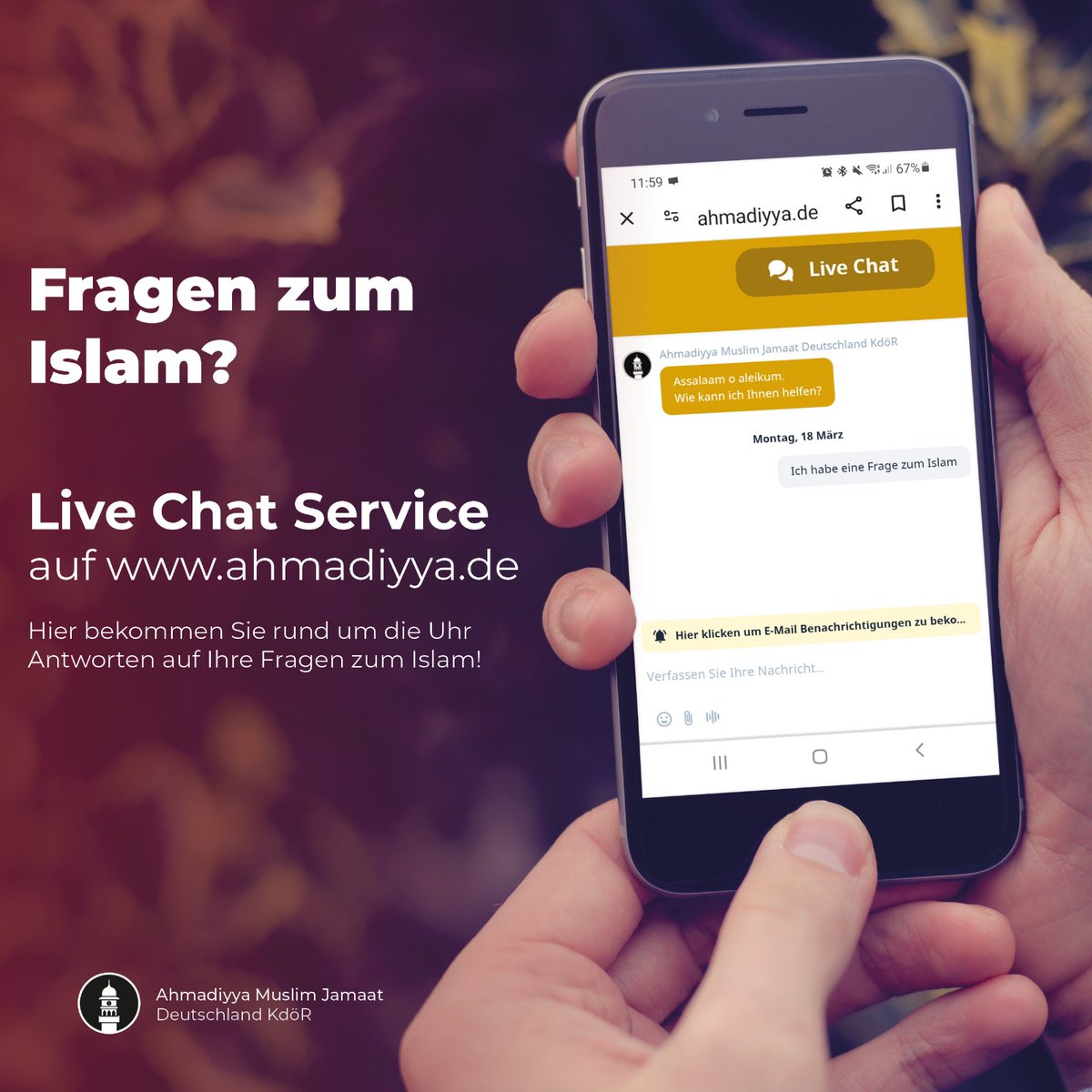 AhmadiyyaDE's tweet photo. Besuchen Sie https://t.co/PmfQna20EQ für unseren 24/7 Online Chat.

Unser Team steht Ihnen rund um die Uhr zur Verfügung, um Ihre Fragen zu beantworten und Sie zu unterstützen.
Erhalten Sie in wenigen Minuten die Hilfe, die Sie benötigen. Jetzt besuchen &amp; chatten! #Islam #Muslime https://t.co/u1W7N7x1iW