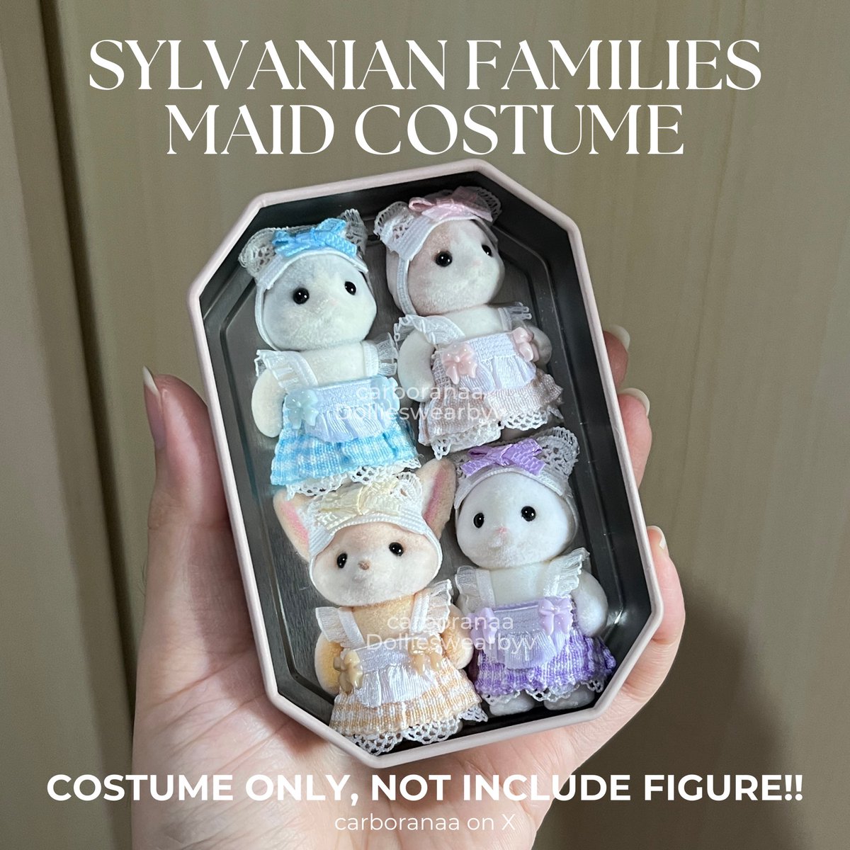carboranaa's tweet photo. Likes and RTs are appreciated! ꔛ🎀♡*･.｡*

Sylvanian Families Maid Costume (baby/nursery size)
Price 💸 IDR 35k/one set

❌COSTUME ONLY, NOT INCLUDE FIGURE❌ 
Available in soft pink, blue, purple, and cream! 
Link to shop 🍊: https://t.co/swUHhIVD93 https://t.co/V9XpIPM596