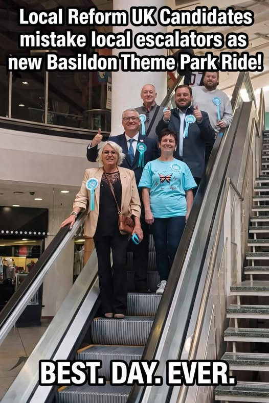 leecocker's tweet photo. #BreakingNews #Basildon #ReformUK candidates mistake local escalators as the a new Basildon Theme Park Ride! @ReformUKSam @reformparty_uk @Nigel_Farage #VoteReform #VoteReformUK #SackSam #AllThumbs #NoAction #ThumbsUp https://t.co/iLyeFIPfkl