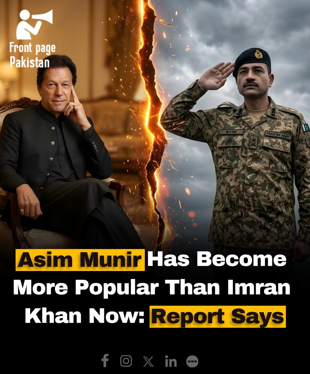 FrontPak9's tweet image. Claims circulating online that Asim Munir, has become more popular than Imran Khan, are largely based on selective interpretations of recent developments, not a clear nationwide comparison.

#AsimMunir #ImranKhanPTI #popular #Nationwide