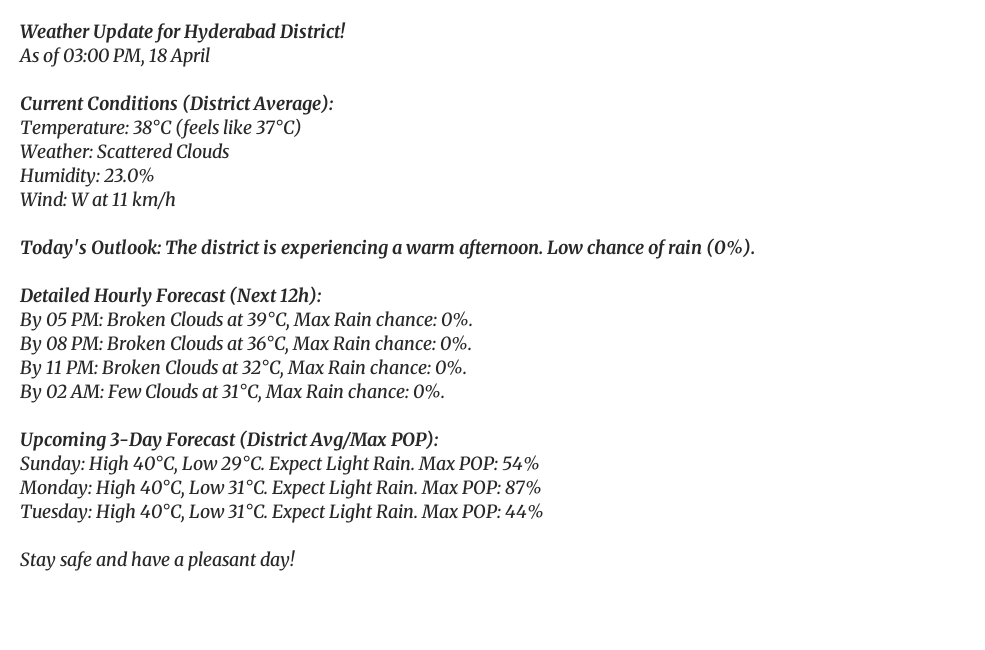 HyderbadWeather's tweet image. Good afternoon, Hyderabad! 👋
It's currently 38°C (feels like 37°C) with Scattered Clouds.
Tomorrow: Light Rain, high of 40°C.
#WeekendWeather #Cloudy #Hyderabad #Heatwave #weatherupdate