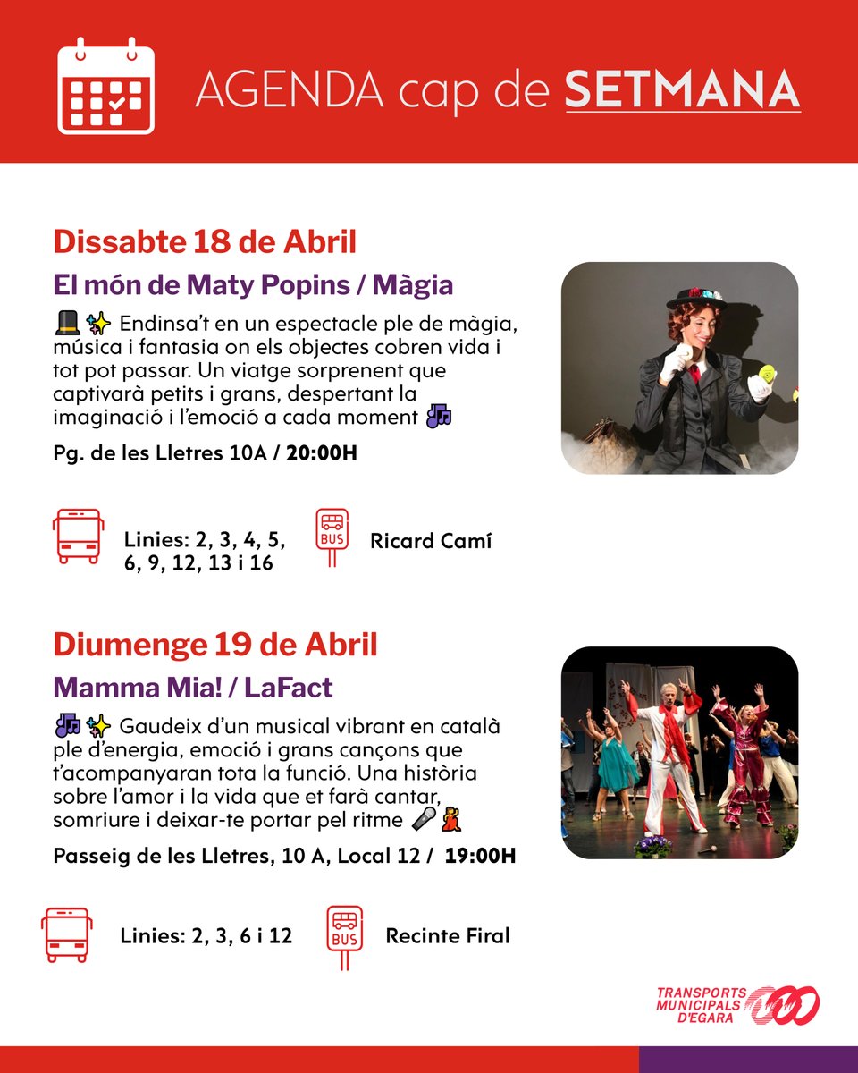 tmesa_bus's tweet photo. 🎭✨ Un cap de setmana per deixar-te sorprendre: màgia, fantasia i il·lusió per a tota la família 🎩🪄 i un musical ple d’èxits que et farà cantar i emocionar-te 🎶💃 Viu la cultura i gaudeix de cada moment! 🚍💫 #BusTerrassa #TMESA #Cultura #CapDeSetmana https://t.co/VcJKzzthur