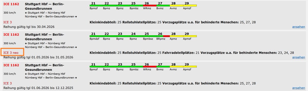 MarcusGrahnert's tweet image. Kleinigkeit zum #Fahrplan2026 

❗️Neues Einsatzgebiet für #ICE3neo

-&amp;gt; Im Zeitraum 1.-31.5. für Sprinterzugpaar ICE 1162/1163 #Stuttgart-#Nürnberg-#Berlin geplant.

Verbindung wurde im Dez eingeführt - wer hat sie schon genutzt?

Reihungen/Zugverzeichnis: fernbahn.de