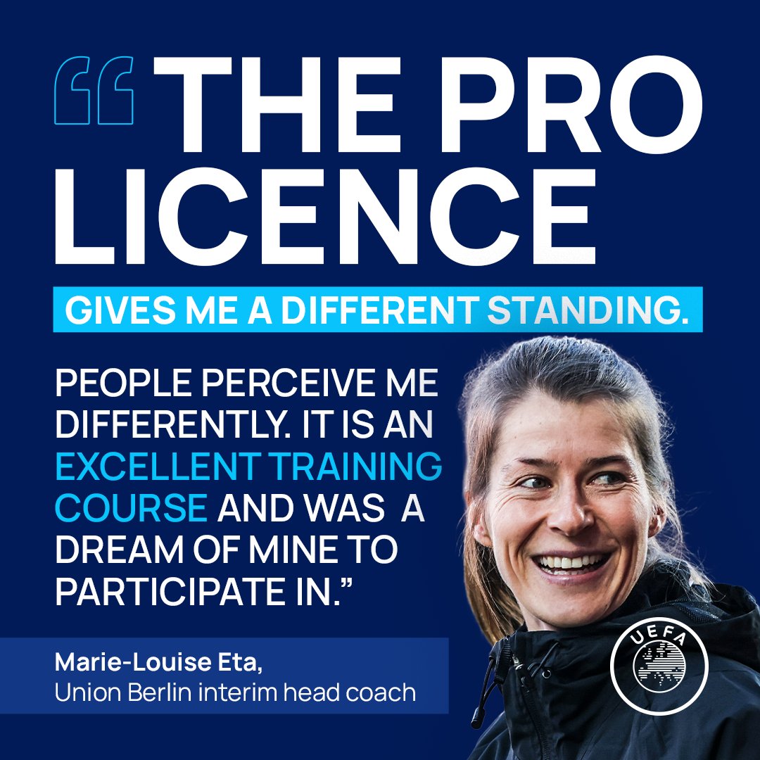 UEFA's tweet photo. 👊 Breaking new ground!

⚽️ Today, Marie-Louise Eta will become the first woman to manage a men’s team in one of Europe’s top five leagues as Union Berlin host Wolfsburg.

🤝 A beneficiary of the UEFA Coach Development Programme for Women, her journey is opening doors for the next generation of female coaches.
